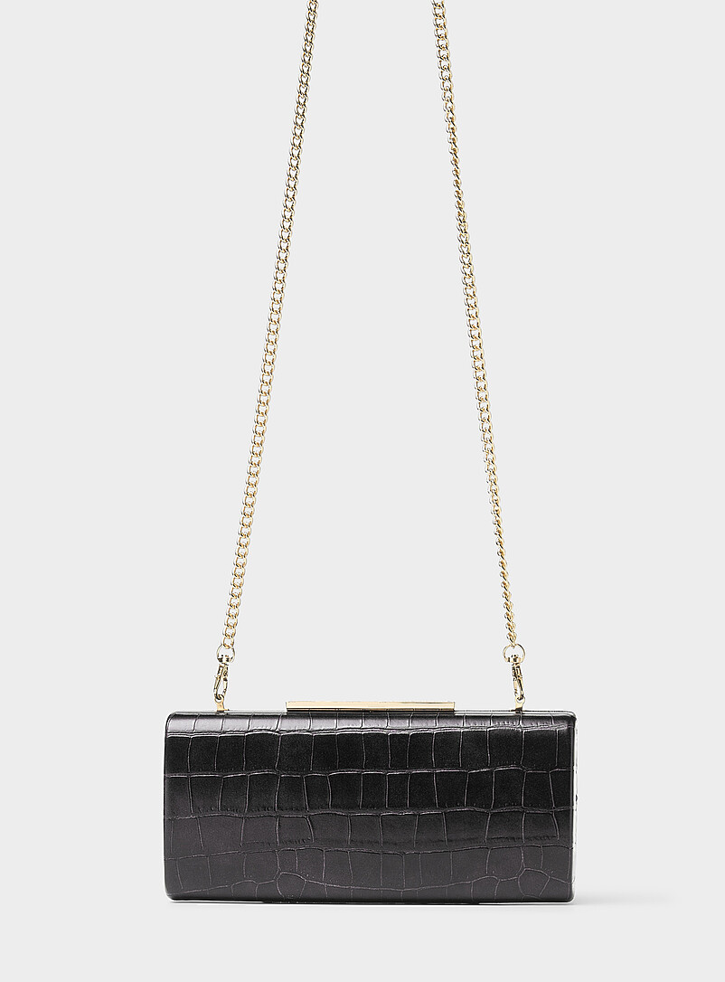 Sac à Main Soirée Pourchet Vintage - Cuir Noir Relief Croco, Made In France, Occasion, Sac Porté épaule