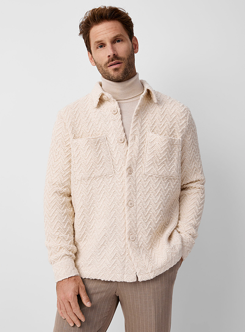 Portuguese Flannel White Herringbone knit overshirt for men