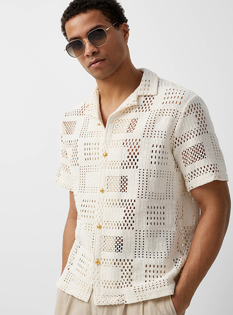 Portuguese Flannel Ivory/Cream Beige Mosaic square crochet shirt for men