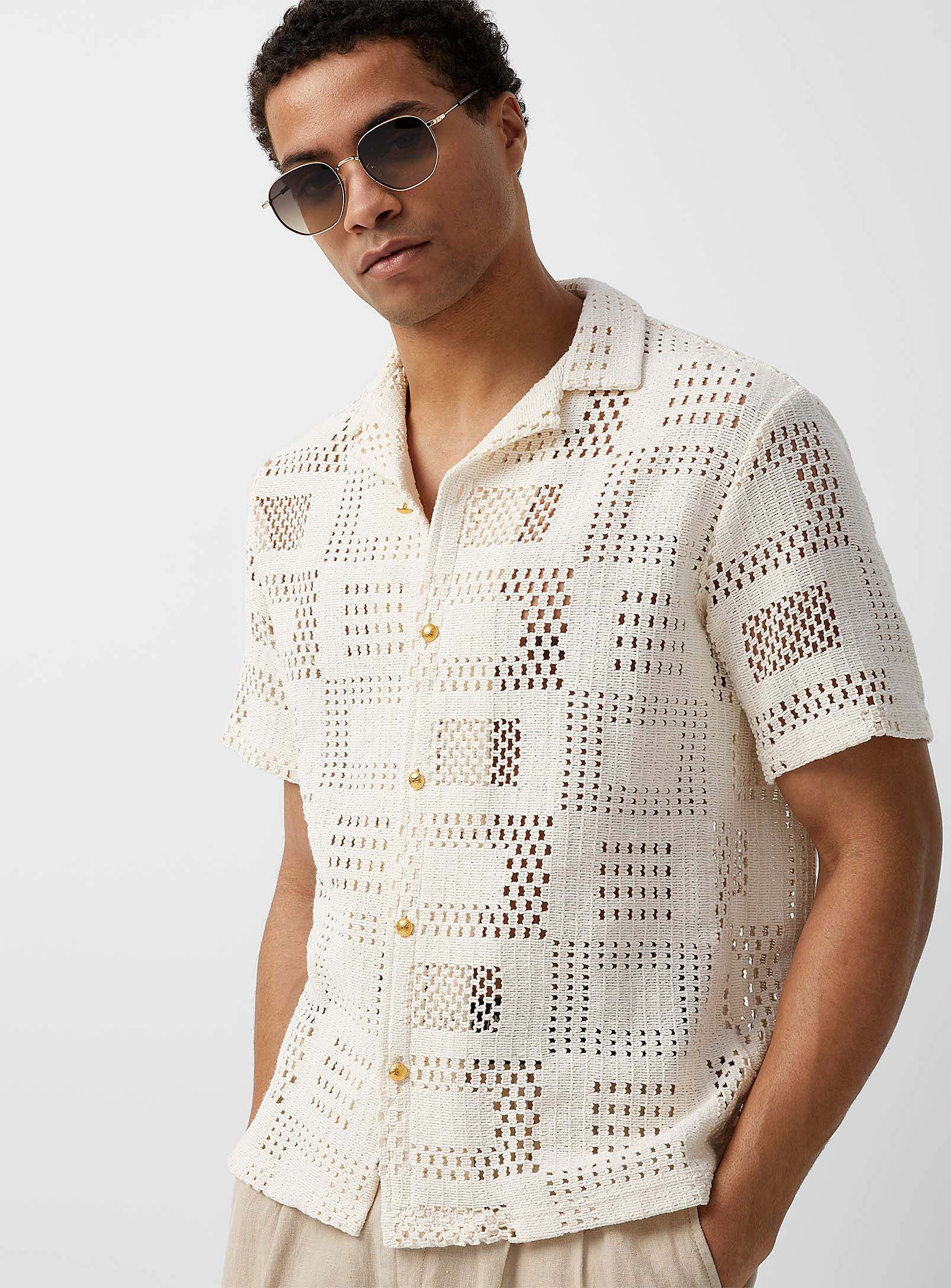 Portuguese Flannel Mosaic Square Crochet Shirt In Ivory/cream Beige
