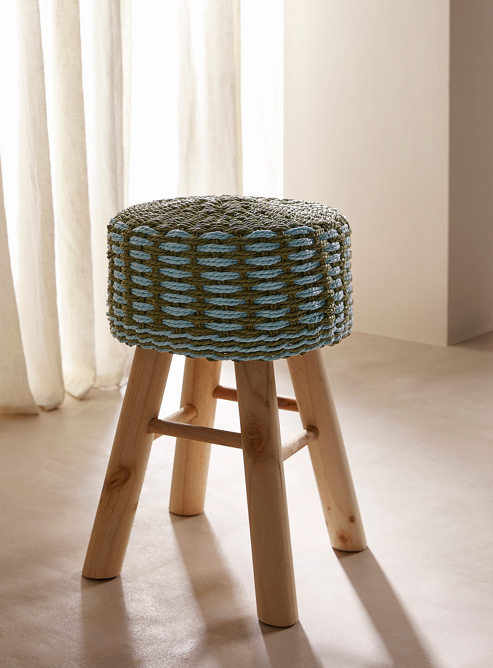 Simons Maison Wood And String Decorative Stool In Blue