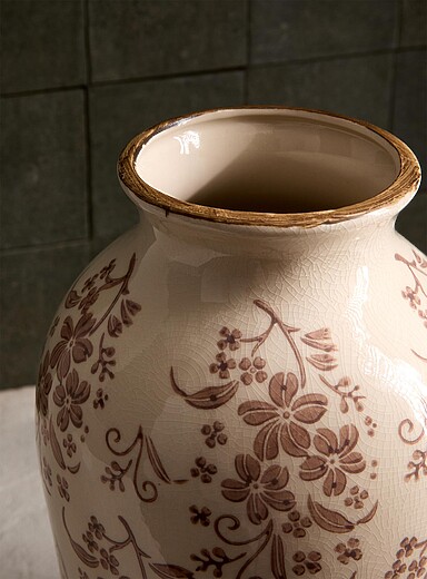 Large beige floral crackle-glaze vase