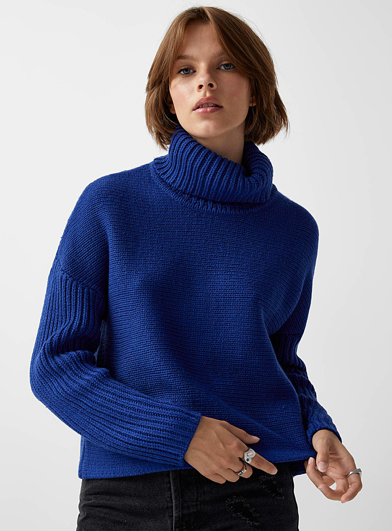 Twik Sapphire Blue Ribbed loose cropped turtleneck for women
