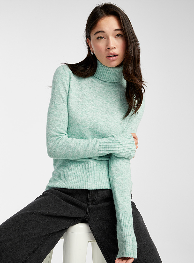 Twik Lime Green Wide-ribbed band turtleneck for women