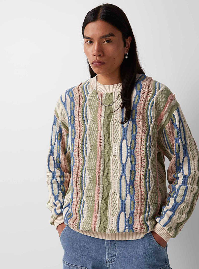 Djab Patterned Ecru Mixed-knit loose sweater for men