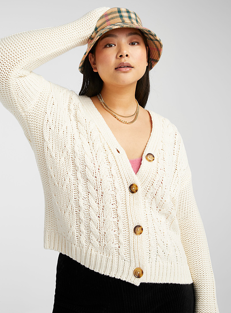 Twik Ivory White Recycled acrylic cable knit cardigan for women