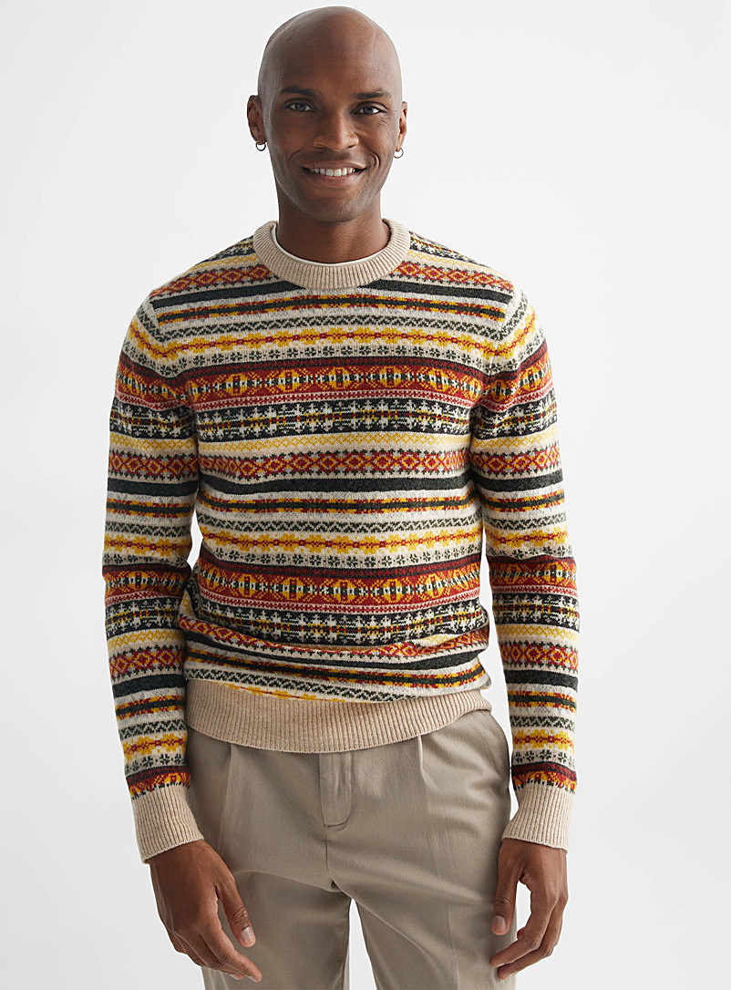 Le 31 Ivory White Scottish jacquard sweater for men