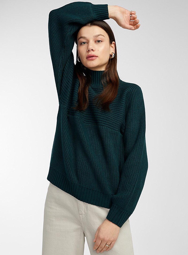 Twik Mossy Green Two-way ribbed mock-neck sweater for women