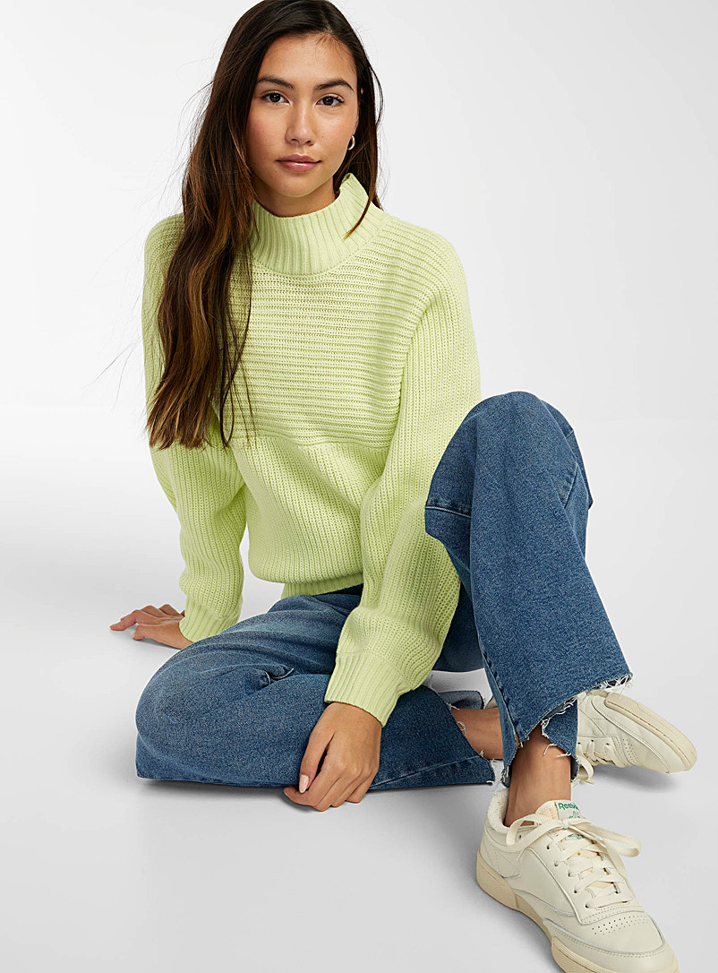Twik Lime Green Two-way ribbed mock-neck sweater for women