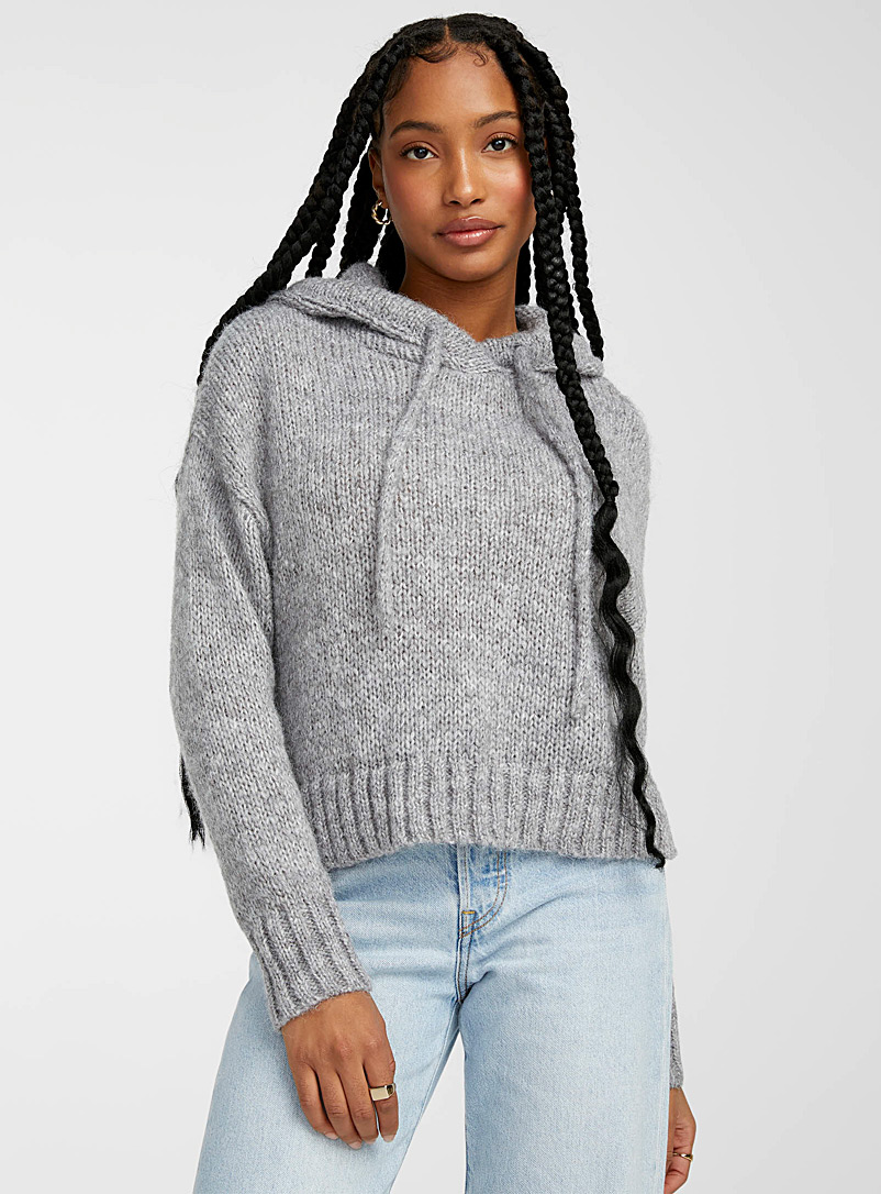 Twik Light Grey Cropped recycled polyester hooded sweater for women