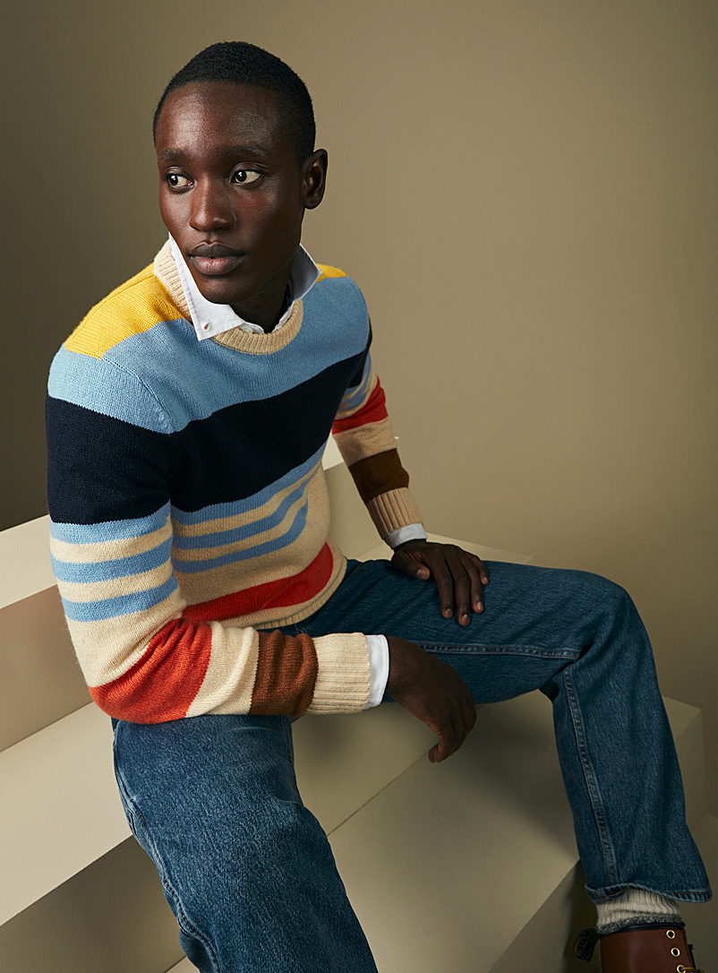 Le 31 Tan Colour block striped sweater for men