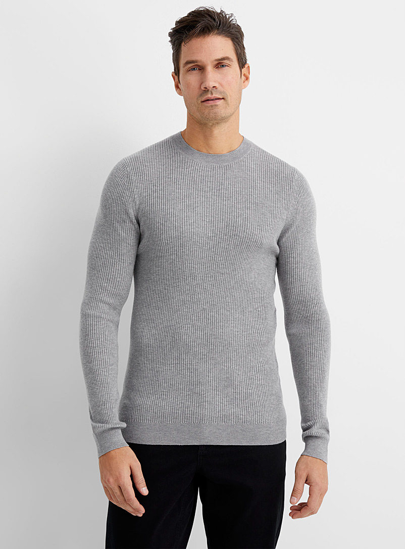 Le 31 Patterned Grey Fitted ribbed sweater for men