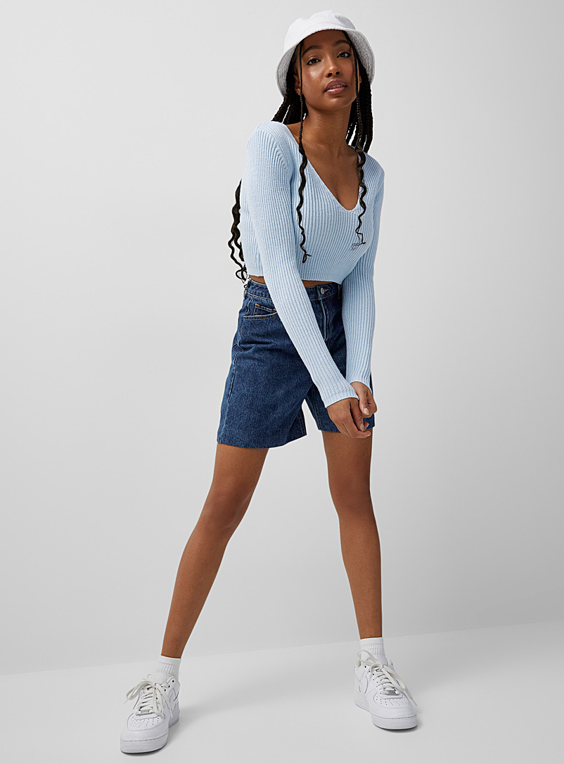 Twik Baby Blue Cropped and ribbed V-neck sweater for women