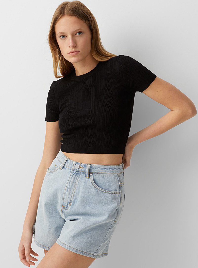 Icône Black Crew neck cropped ribbed sweater for women
