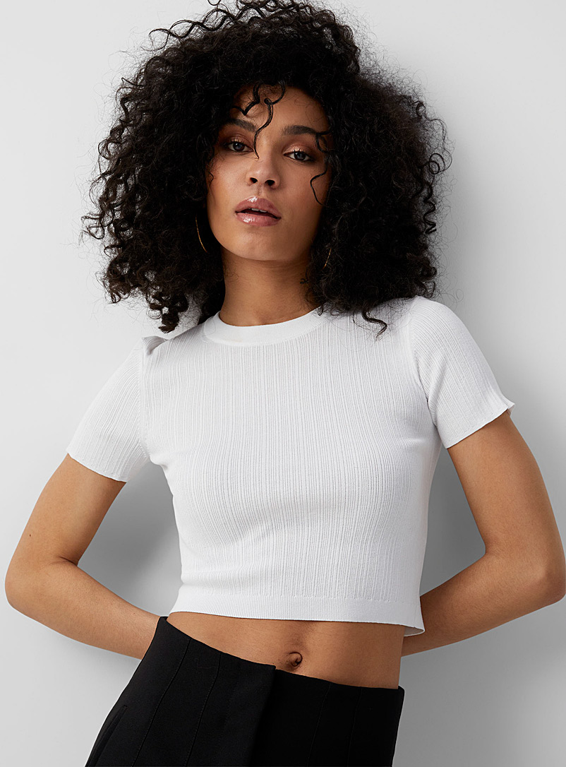 Icône White Crew neck cropped ribbed sweater for women