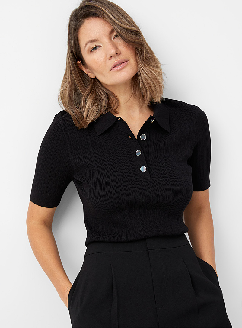 Contemporaine Black Iridescent buttons rib-knit polo for women