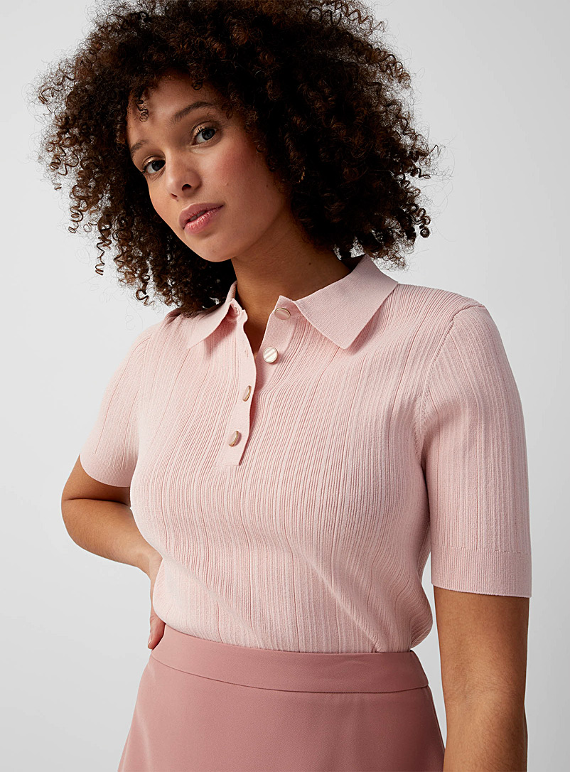 Contemporaine Pink Iridescent buttons rib-knit polo for women