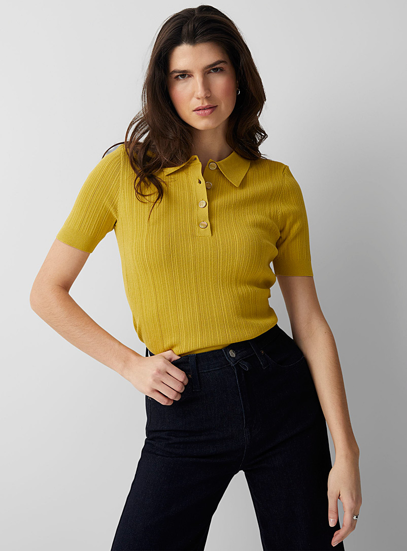 Contemporaine Medium Yellow Iridescent buttons rib-knit polo for women