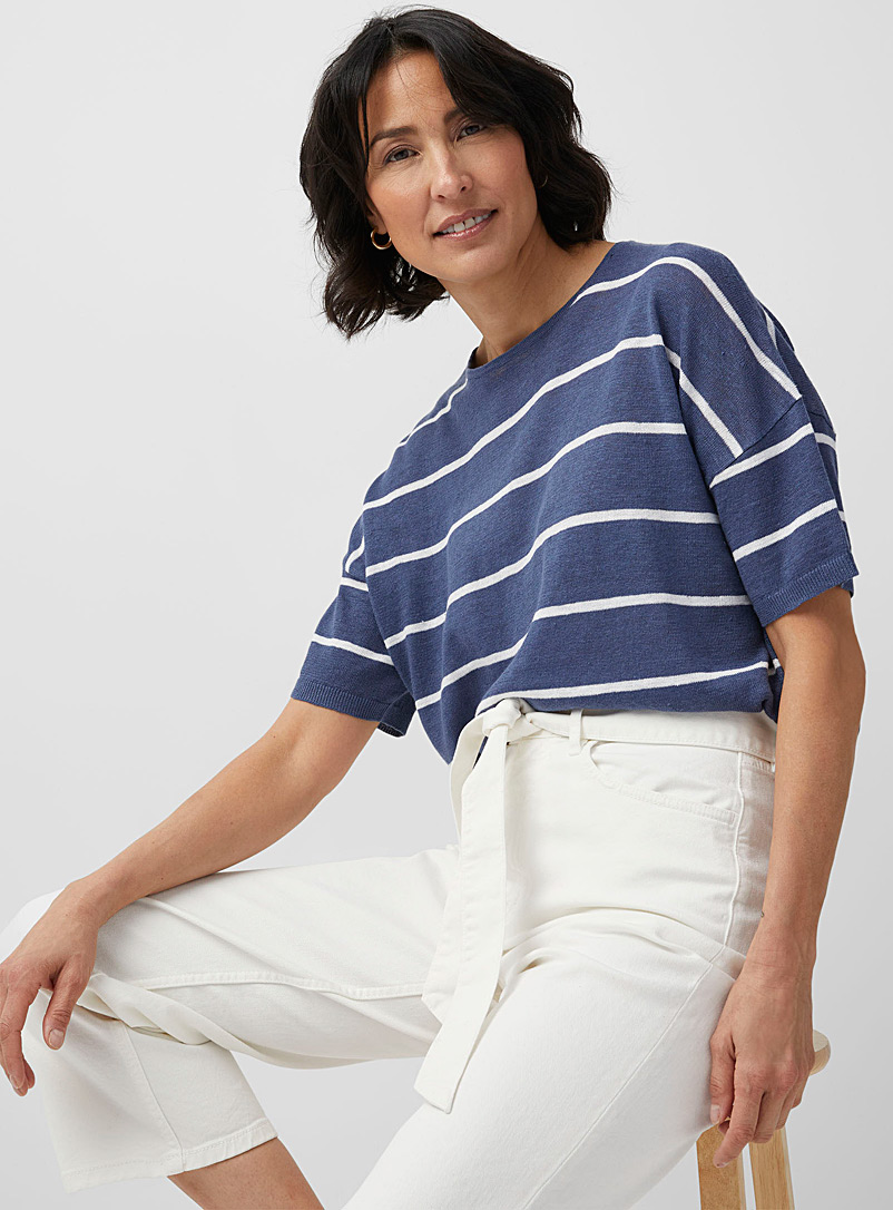 Contemporaine Dark Blue Organic linen striped loose sweater for women