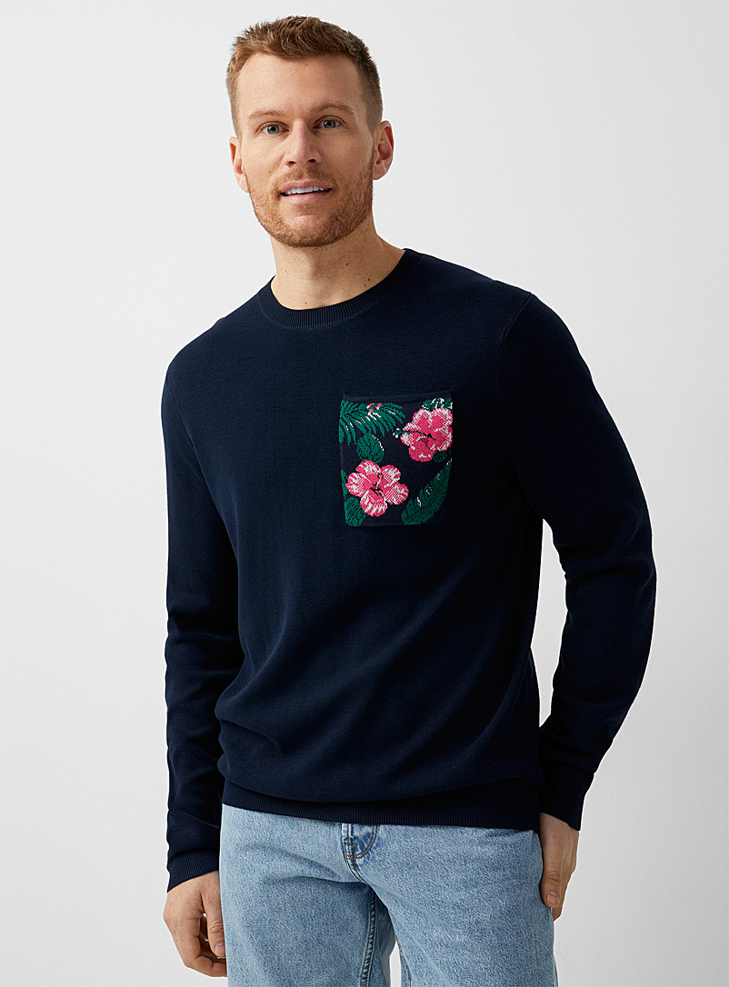 Le 31 Marine Blue Floral jacquard pocket sweater for men