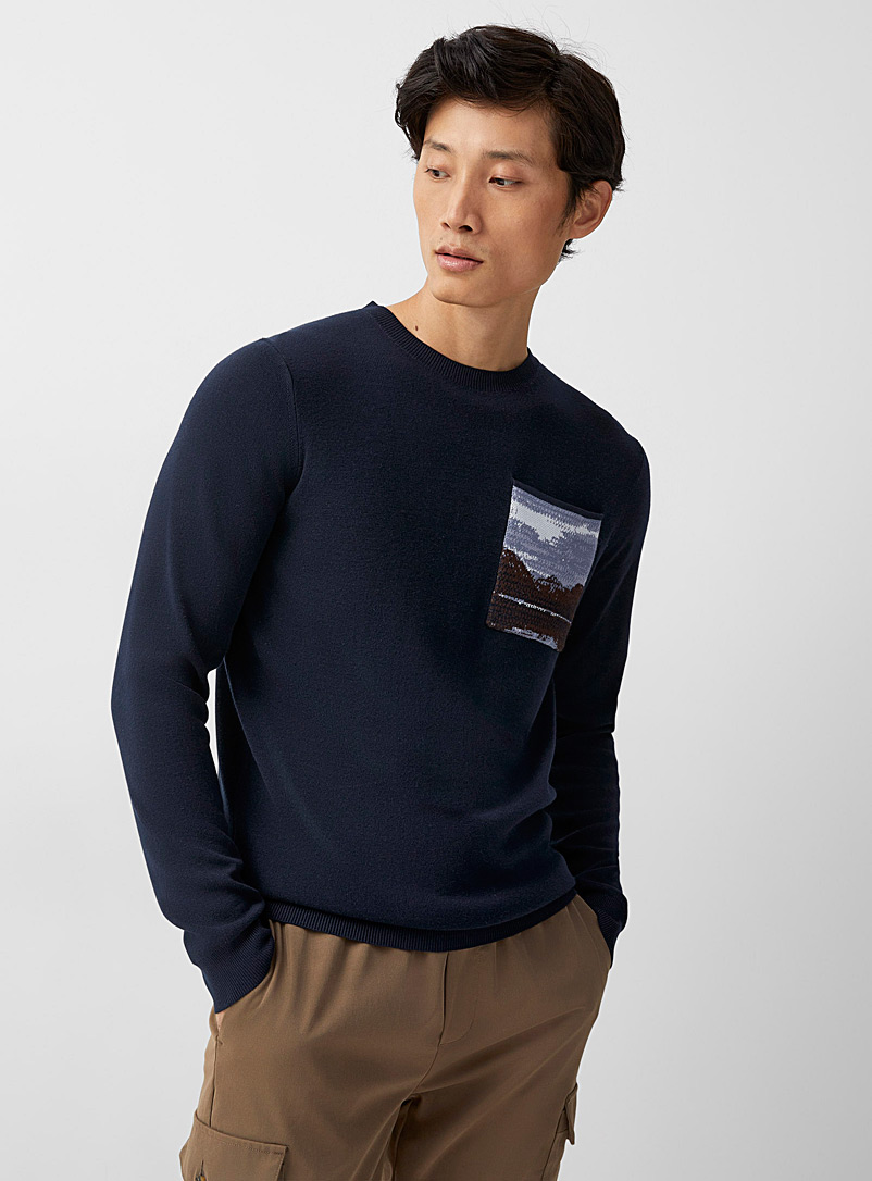 Le 31 Patterned Blue Jacquard pocket sweater for men