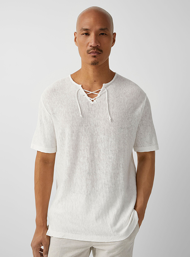 Le 31 White Laced-neck organic linen sweater for men