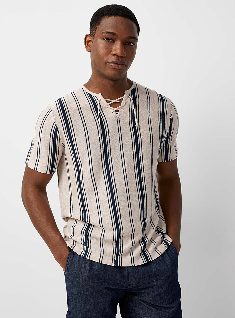 Le 31 Patterned Ecru Laced-neck organic linen sweater for men
