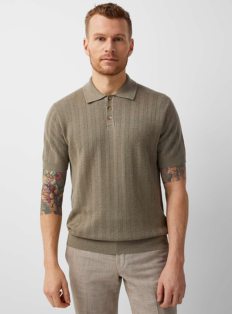 Le 31 Mossy Green Organic pure linen knit polo for men