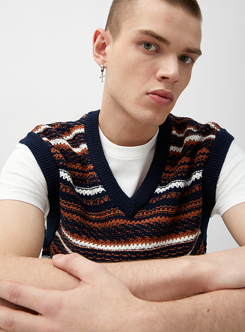 Djab Patterned Blue Striped mixed-knit vest for men