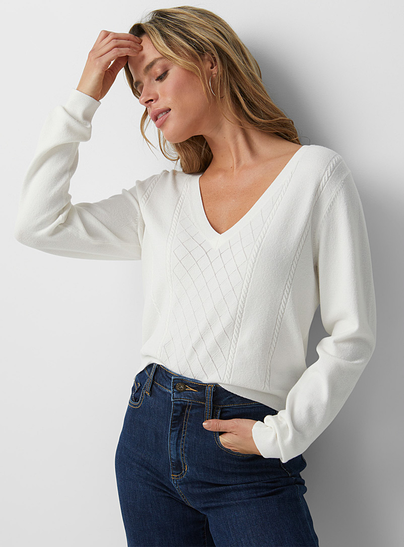 Icône Ivory White V-neck minicable sweater for women