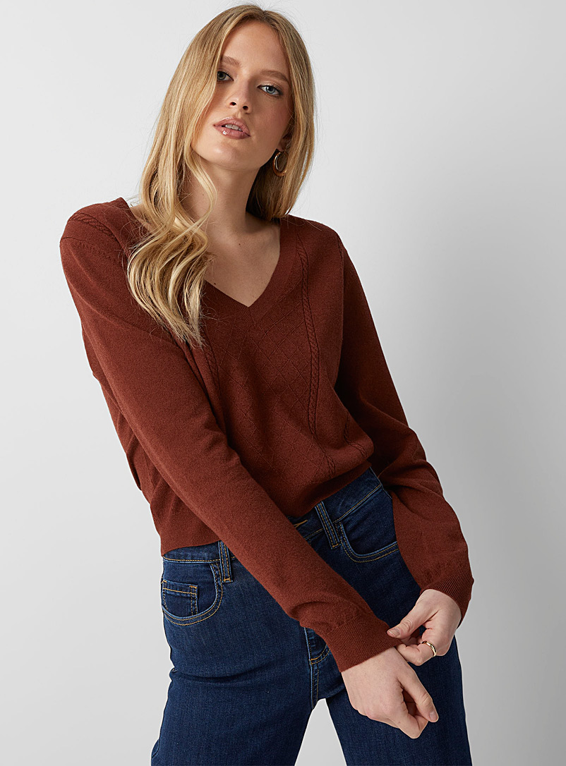 Icône Dark Brown V-neck minicable sweater for women