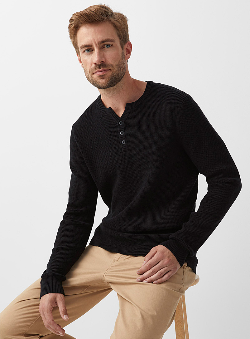 Le 31 Black Waffle-knit Henley sweater for men