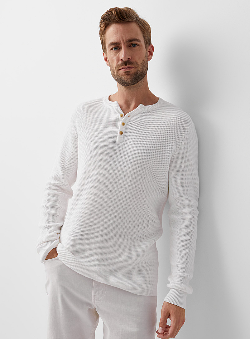 Le 31 Ivory White Waffle-knit Henley sweater for men