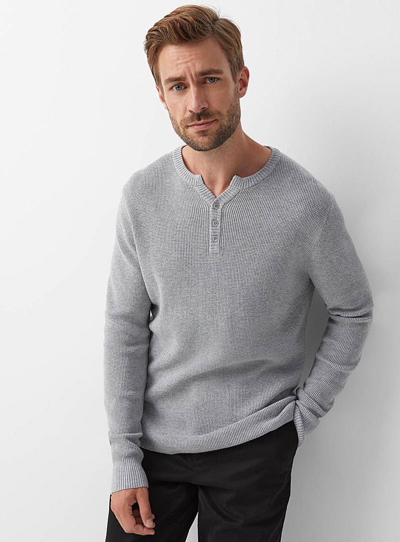 Le 31 Grey Waffle-knit Henley sweater for men