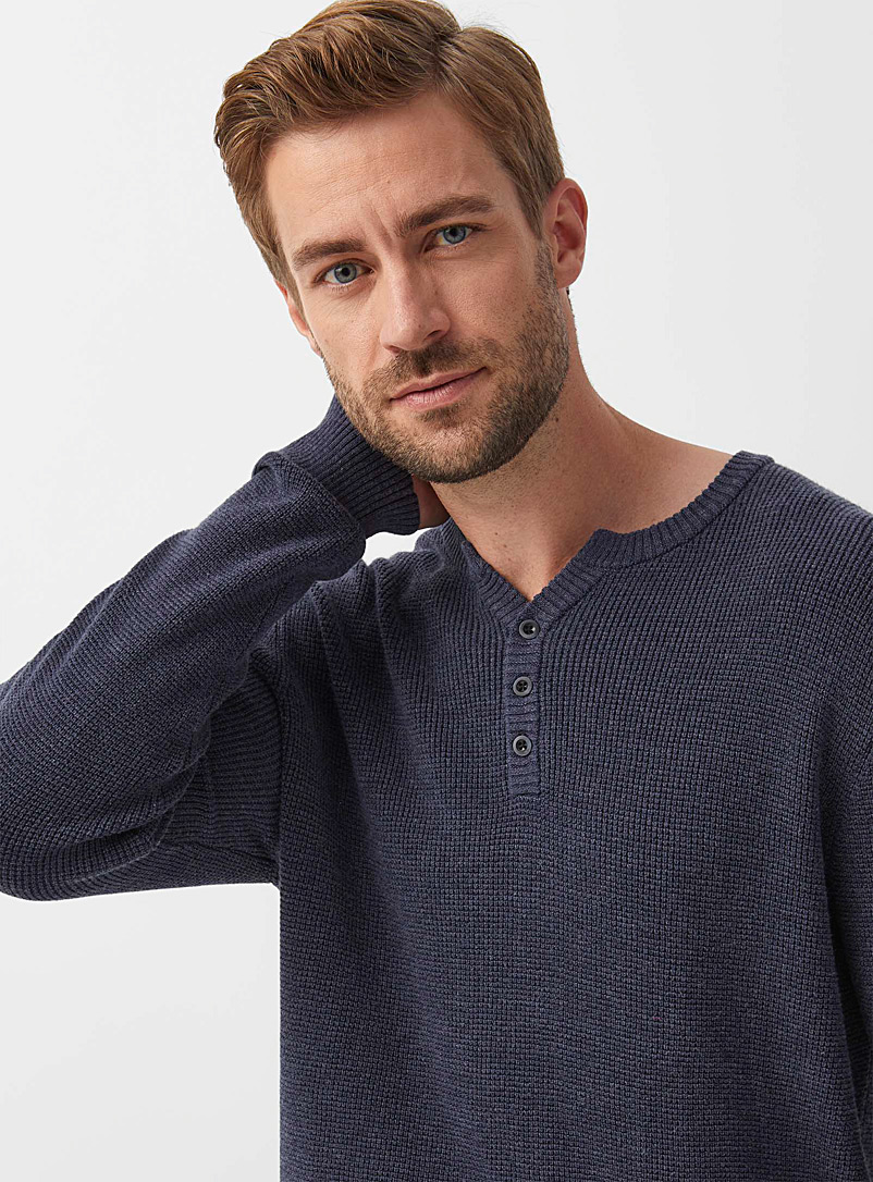 Le 31 Marine Blue Waffle-knit Henley sweater for men