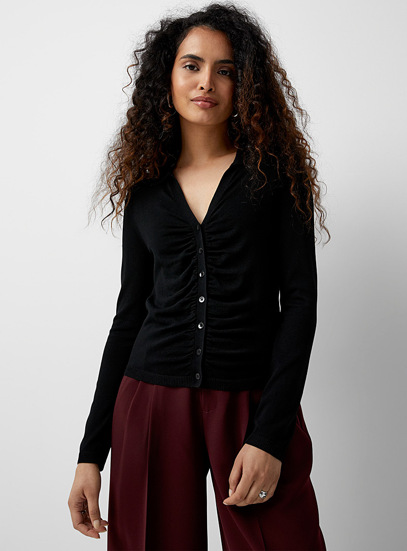 Contemporaine Black Johnny collar ruched cardigan for women