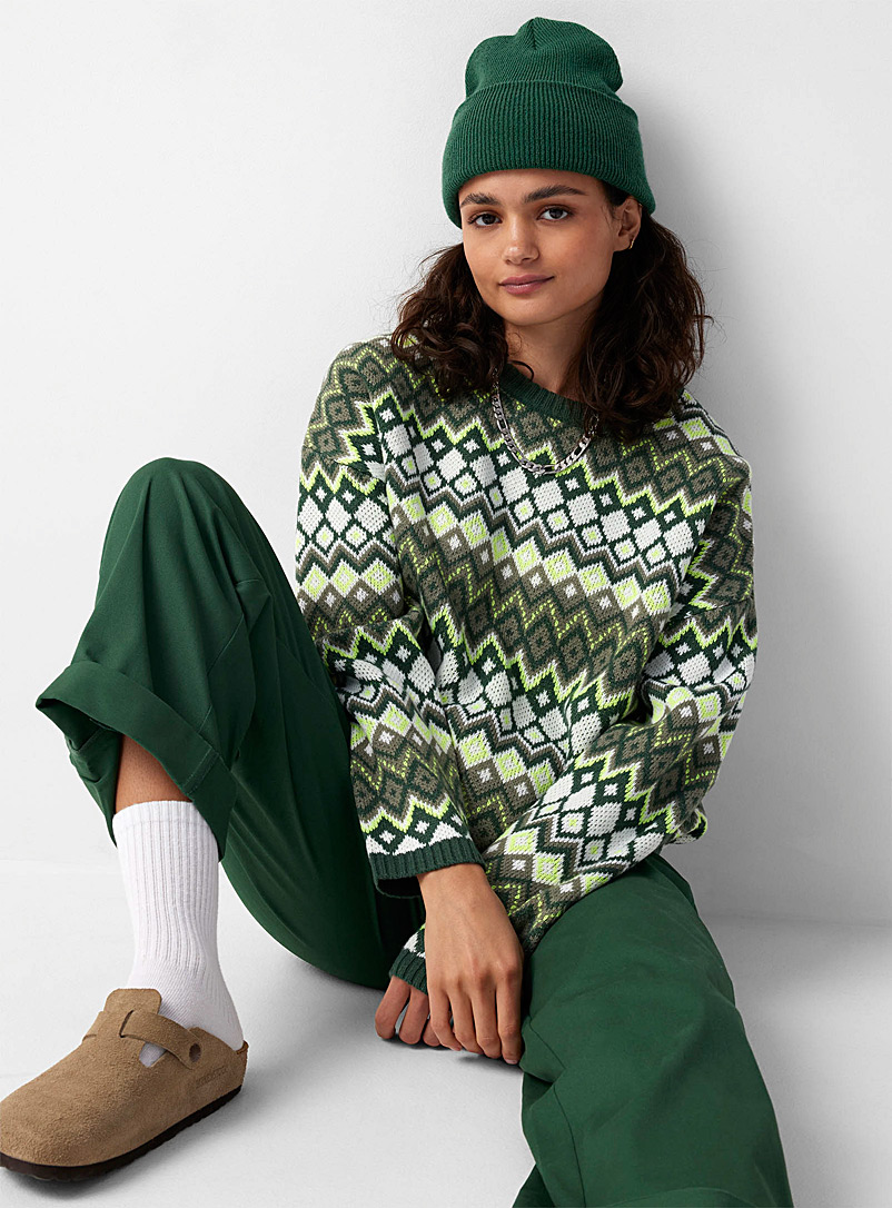 Twik Patterned Green Jacquard knit loose sweater for women