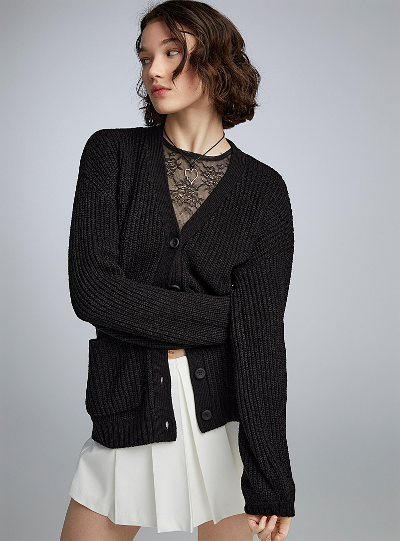 Twik Black Buttoned rib-knit cardigan for women