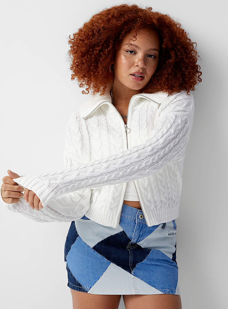 Twik Ivory White Cable-knit zipped cardigan for women