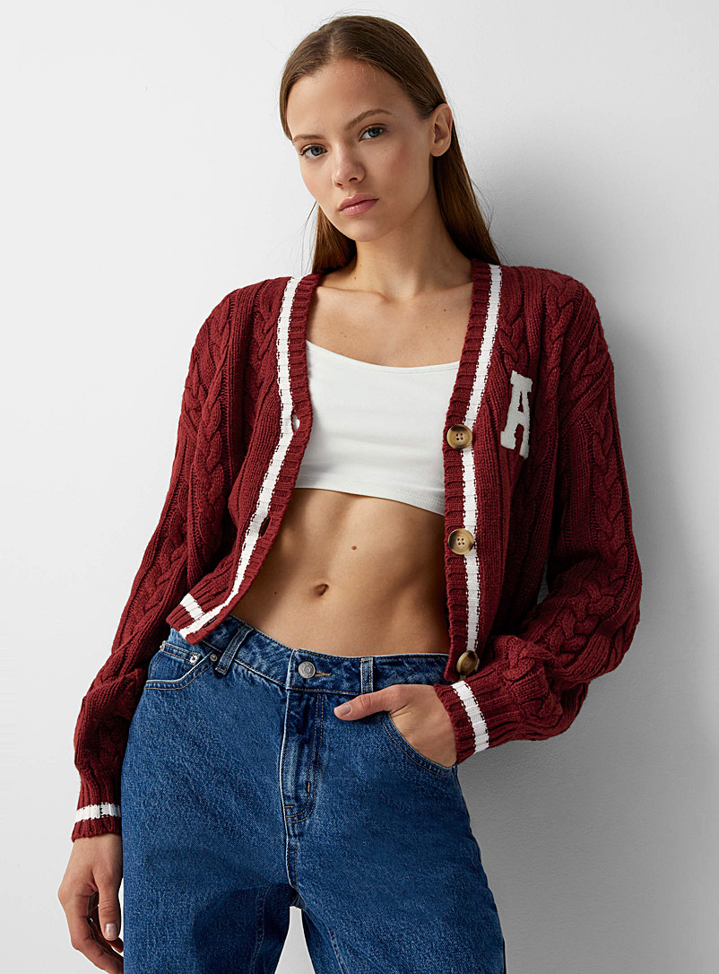 Twik Ruby Red Terry lettering cable cardigan for women
