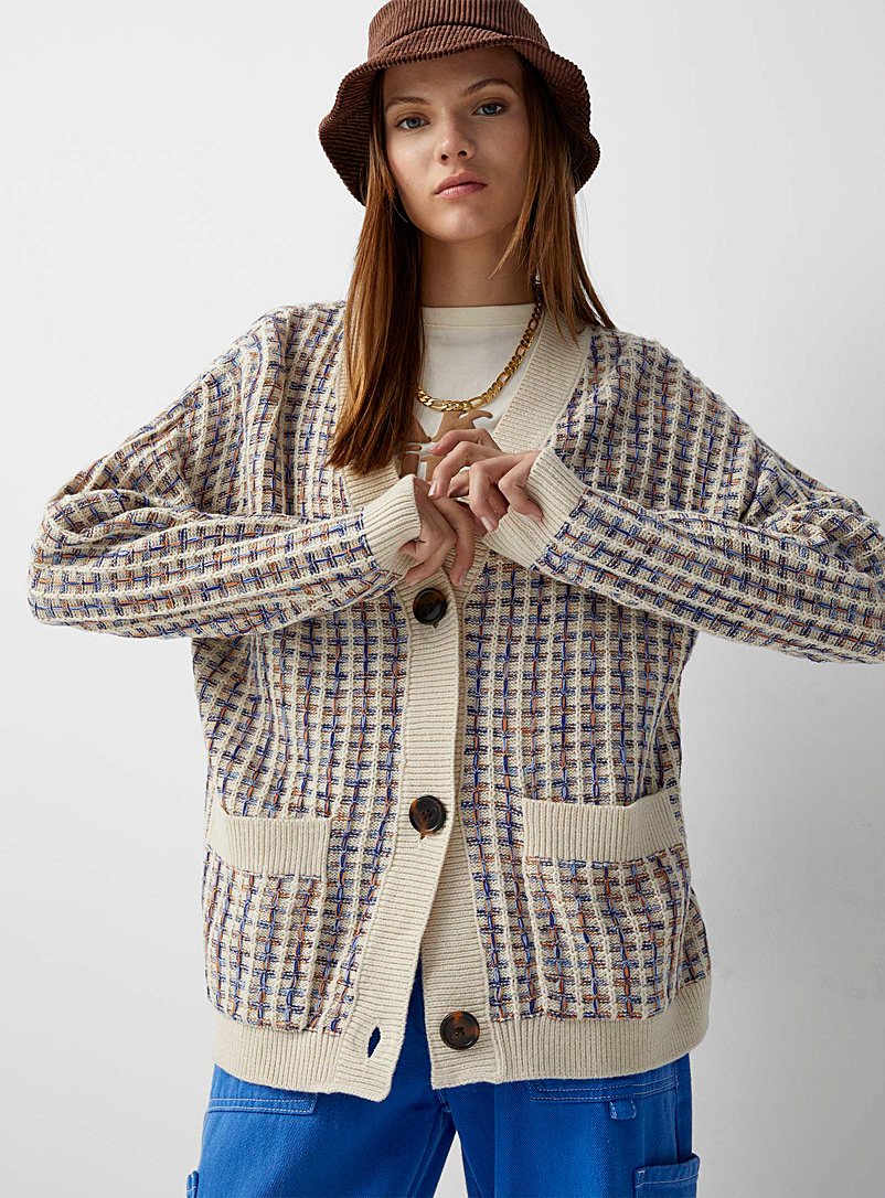 Twik Patterned White Colourful checker cardigan for women