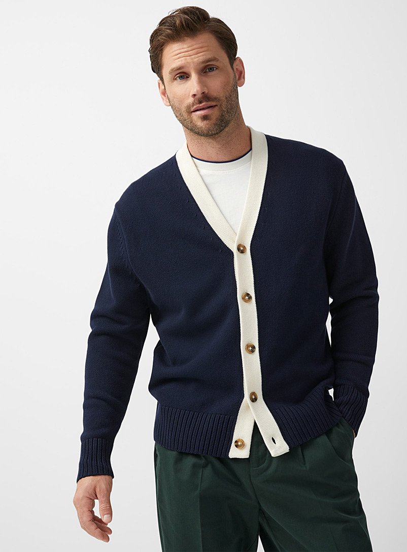 Le 31 Patterned Blue SUPIMA® knit college cardigan for men