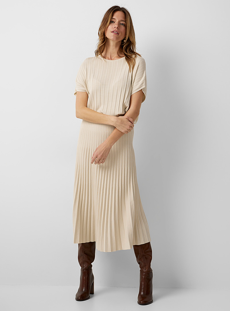 Contemporaine Cream Beige Pleated knit midi skirt for women