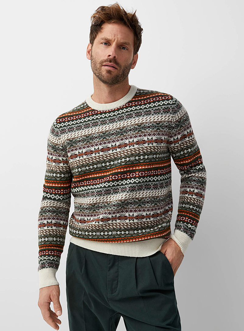 Le 31 Patterned Ecru Recycled lambswool Irish jacquard sweater for men