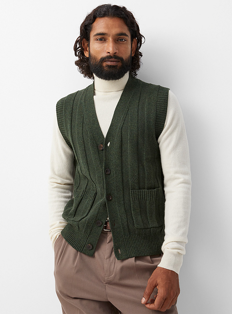 Le 31 Mossy Green Recycled lambswool vest for men