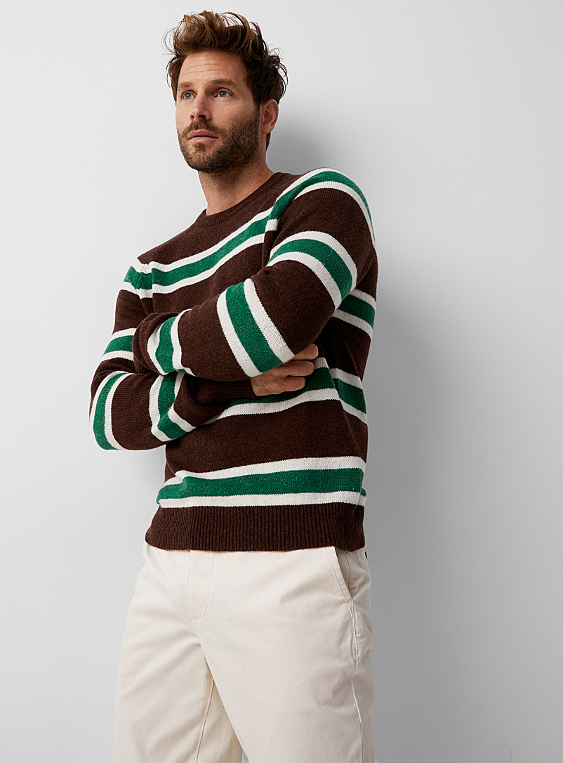 Le 31 Patterned Brown Recycled lambswool framed stripe sweater for men
