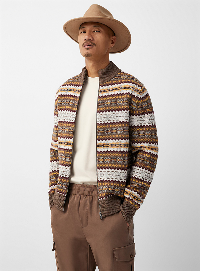 Le 31 Patterned Brown Nordic jacquard recycled lambswool cardigan for men