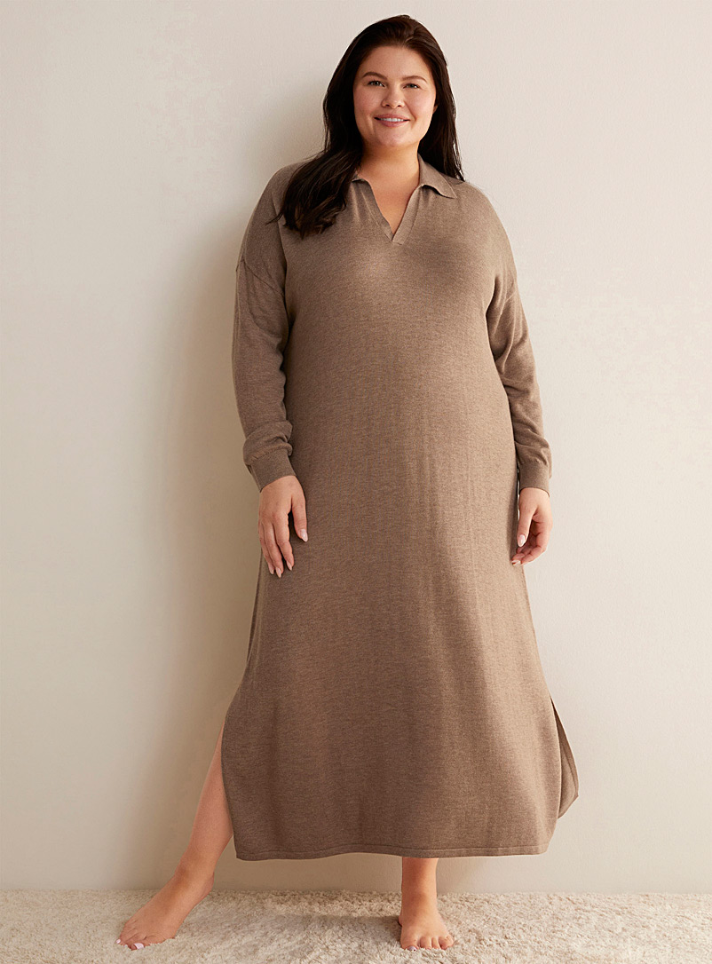 Miiyu Light Brown Johnny collar soft knit nightgown Plus size for women
