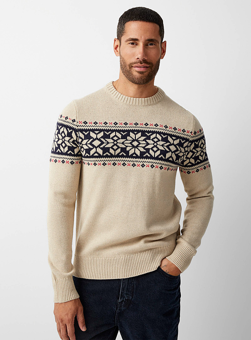 Le 31 Patterned Ecru Snowflake jacquard sweater for men