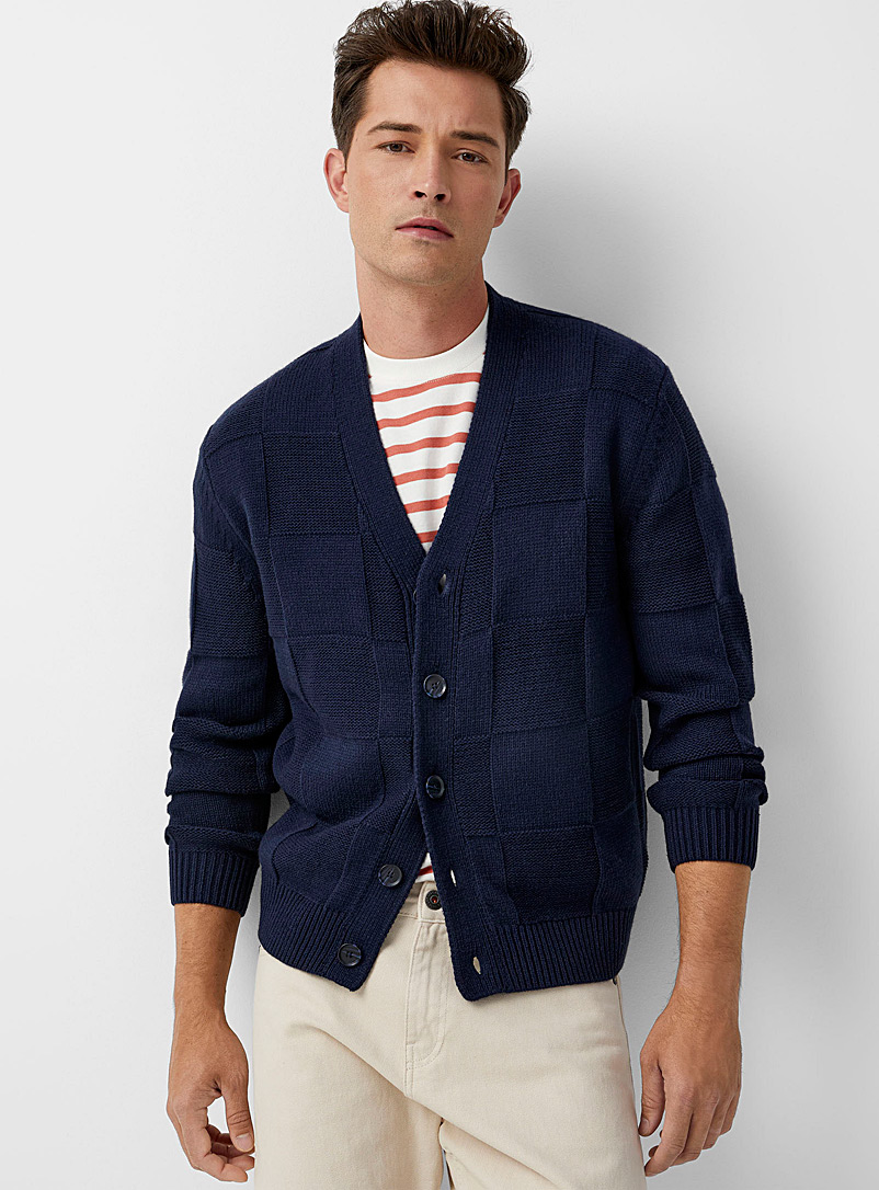Le 31 Marine Blue Embossed check cardigan for men
